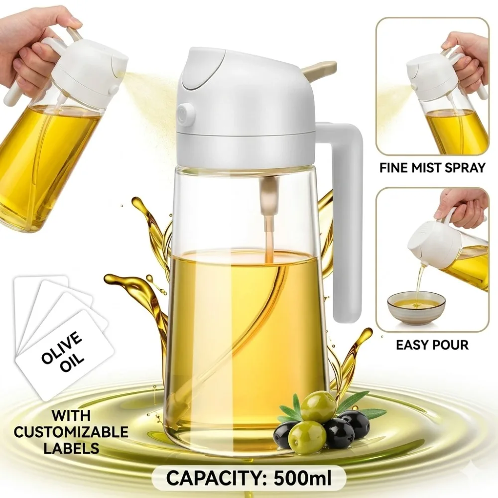 Dispensador de Aceite de Oliva 2 en 1 de 500 ml, Botella de Spray y Vertido, Pulverizador de Vinagre para Freidora de Aire, Barbacoa, Ensaladas, Repostería, Utensilios de Cocina