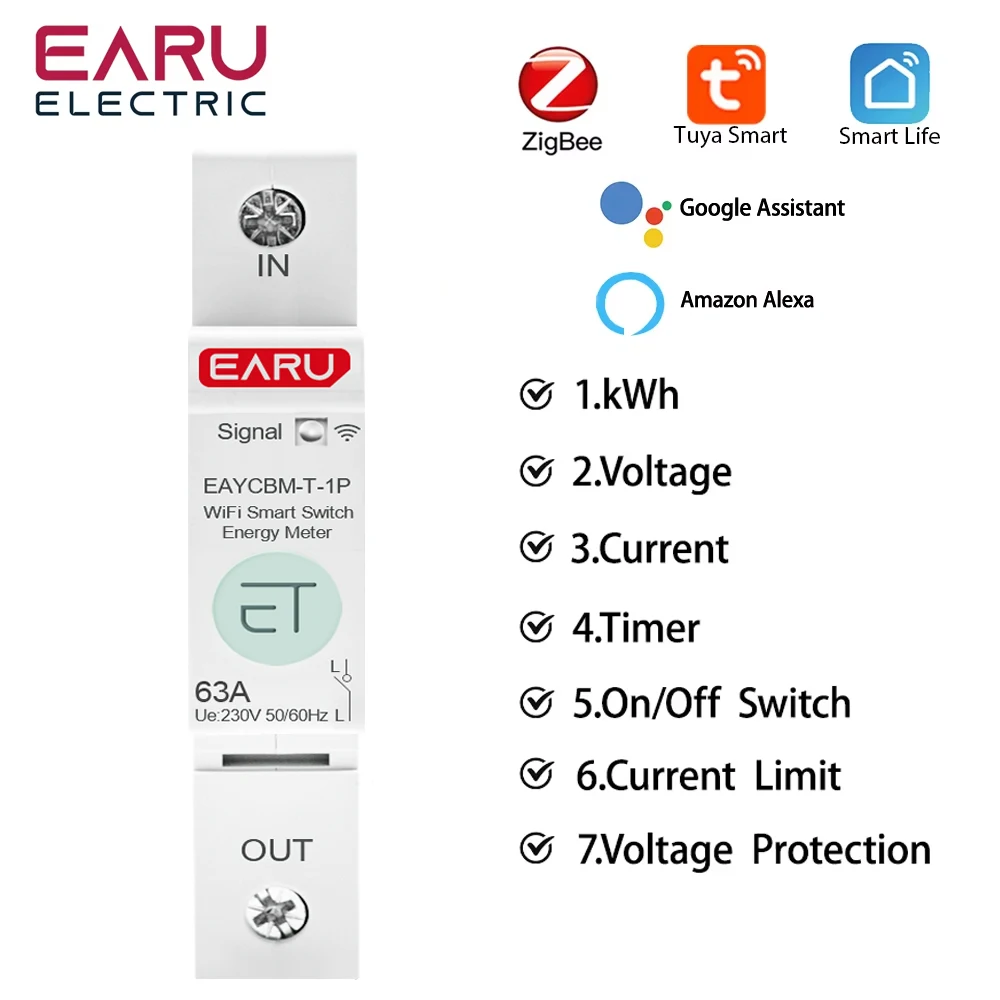 1P TUYA APP Zigbee WIFI Smart Energy Power Consumption kWh Meter Circuit Breaker Time Relay Switch Leakage Voltage Protection