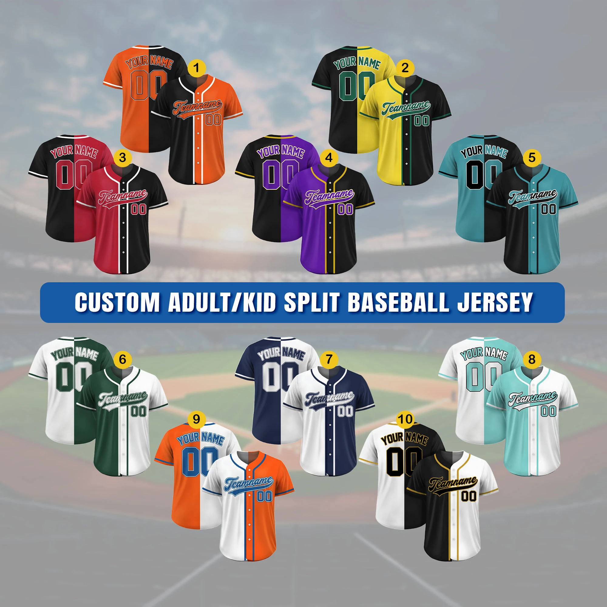 Custom Split Baseball Jersey Personalized Team Name Number Mens Womens Youth Softball Button Down Uniform Breathable Gift Shirts