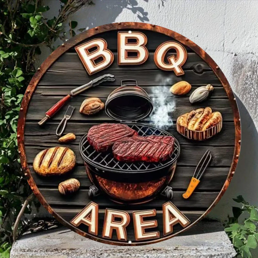 Vintage Inspired Round BBQ Area Metal Sign Grill Themed Outdoor Decor with Steak Tools Imagery Retro Bar Cafe Patio Accessory