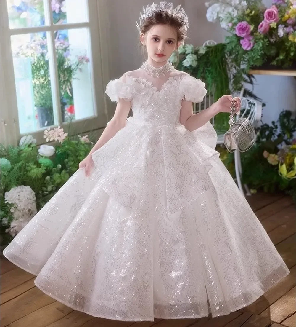 

Girls Pageant Dress Off Shoulder Floral Embellished Tulle Gown Sequined Formal Party Wedding Flower Girl Birthday Costume