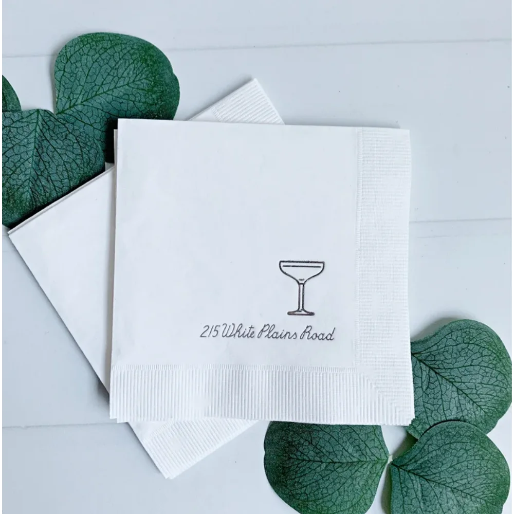 50Pcs Personalized Coup Glass Cocktail Napkins, Custom Wedding Engagement Rehearsal Dinner, Birthday Party Beverage Napkins,