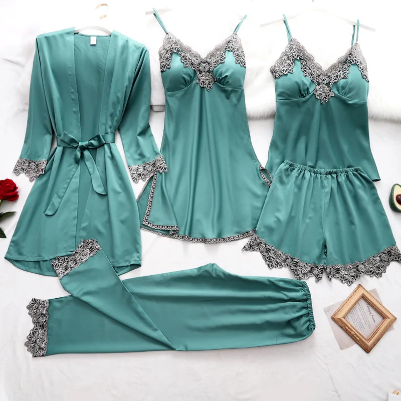 Conjunto de Pijama de satén de encaje para mujer, bata de seda con cuello en V, ropa de dormir para el hogar, camisón de primavera, 5 uds./Set