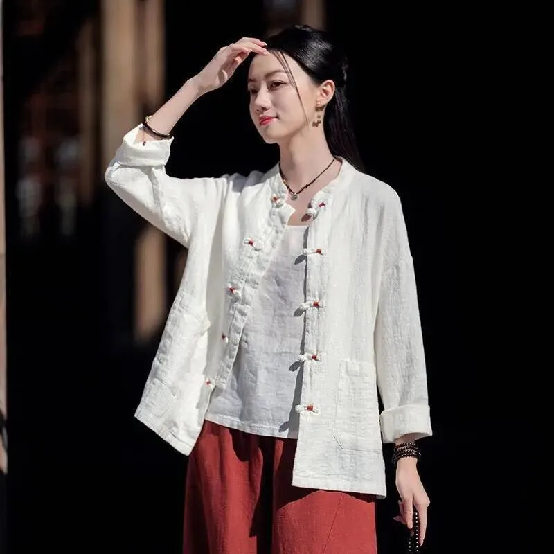 Nowa damska kurtka rozpinana w stylu chińskim z długim rękawem, luźny krój, stójka, zapinana na guziki, artystyczny styl zen, bawełna i len.