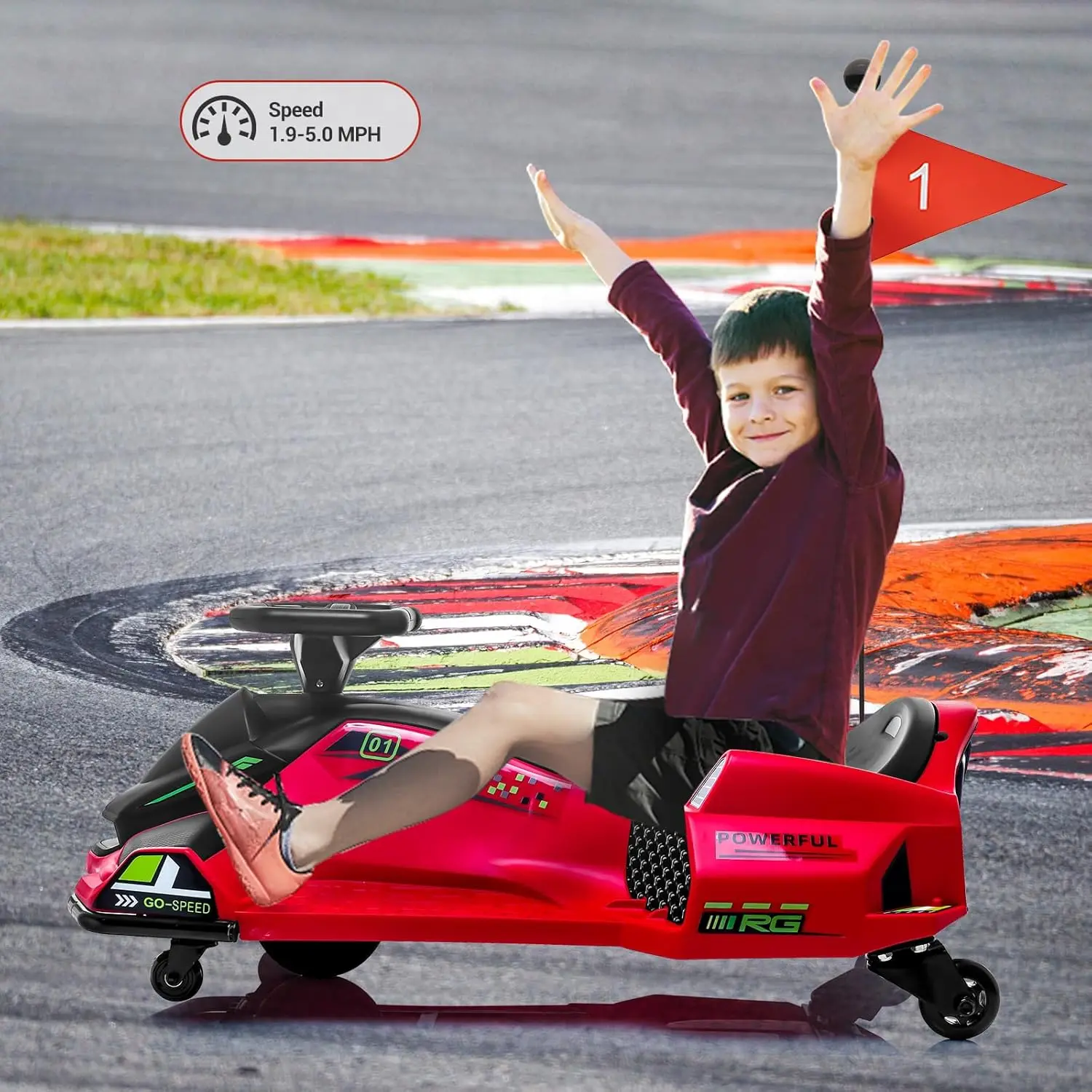 Kids Drifting Car 12V Ride On Go Kart with 45W Brushless Quiet Motor 5 mph Electric Drifting Go-Kart with 5 Wheels Led Light