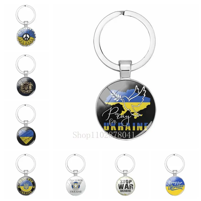 Popular Jewelry Dome Glass Metal Keychain Ukrainian Love and Peace Dove Yellow Blue Pattern Classic Gift