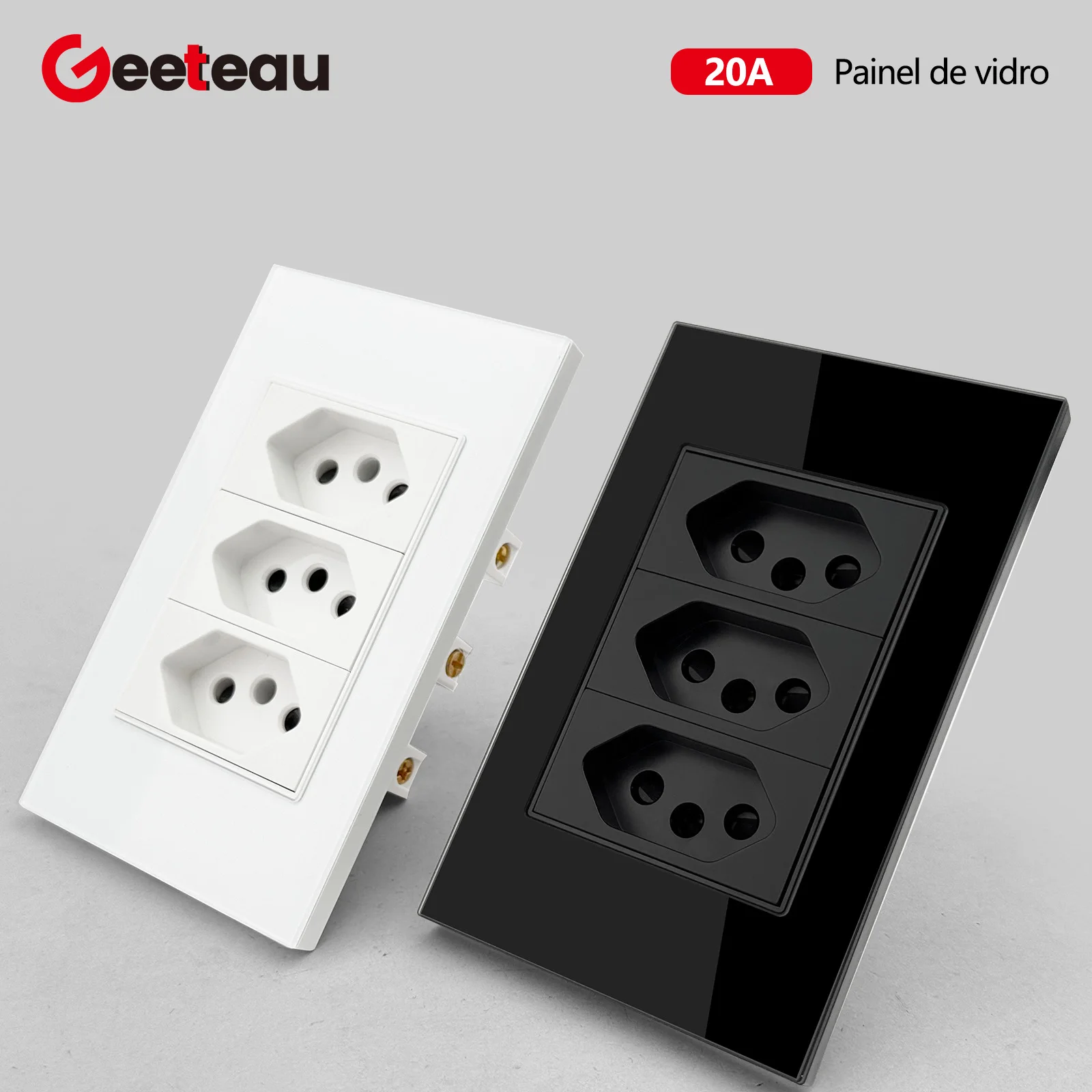 Geeteau Brazil Standard 20A Triple Wall Socket Durable Tempered Glass Panel Black White Home Improvement Power Outlet Safe