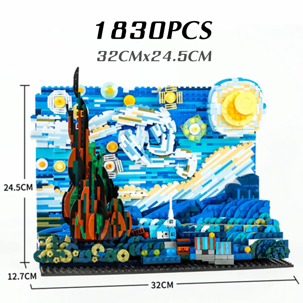 New World Masterpiece Vincent Van Gogh Pixel Painting Starry Night Building Block Brick Creative Decorative 21333 Model Toy Gift