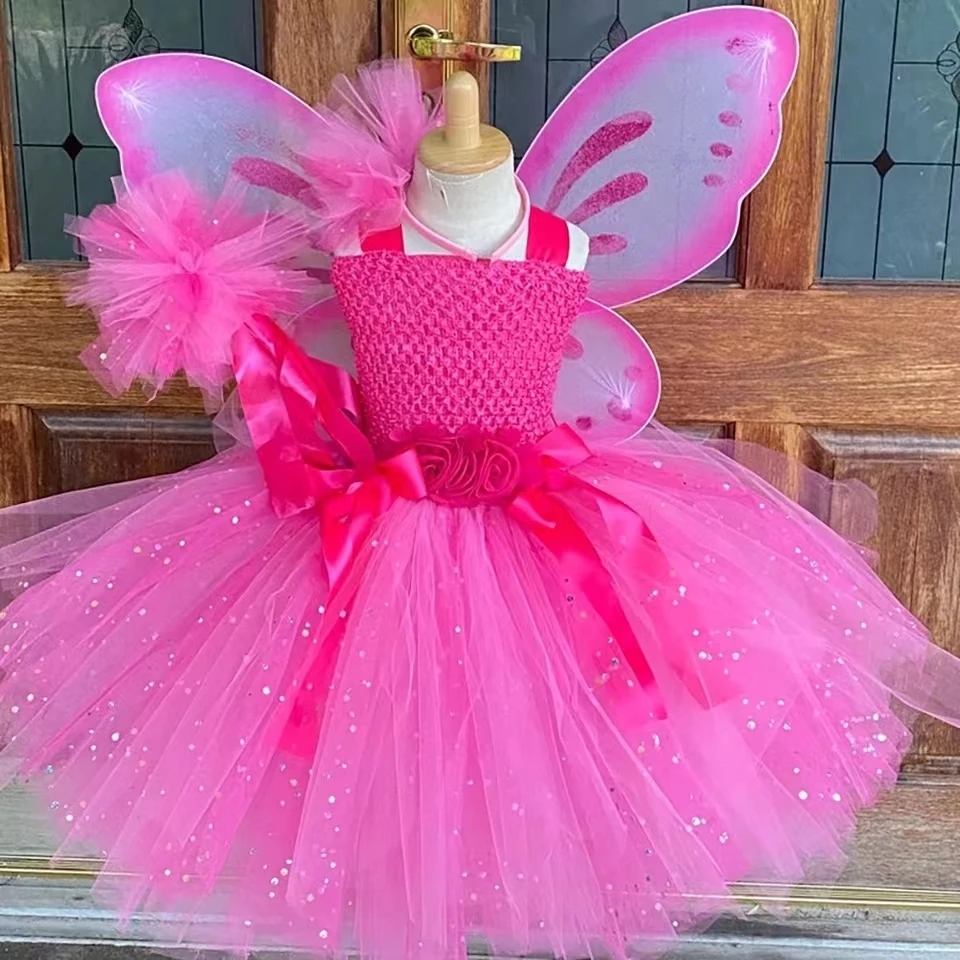 Fairy Cosplay Tutu Dress with Wing Set for Children Birthday Party Photograph Girls Baby Fairy Cosplay Hot Pink Tutu Dress