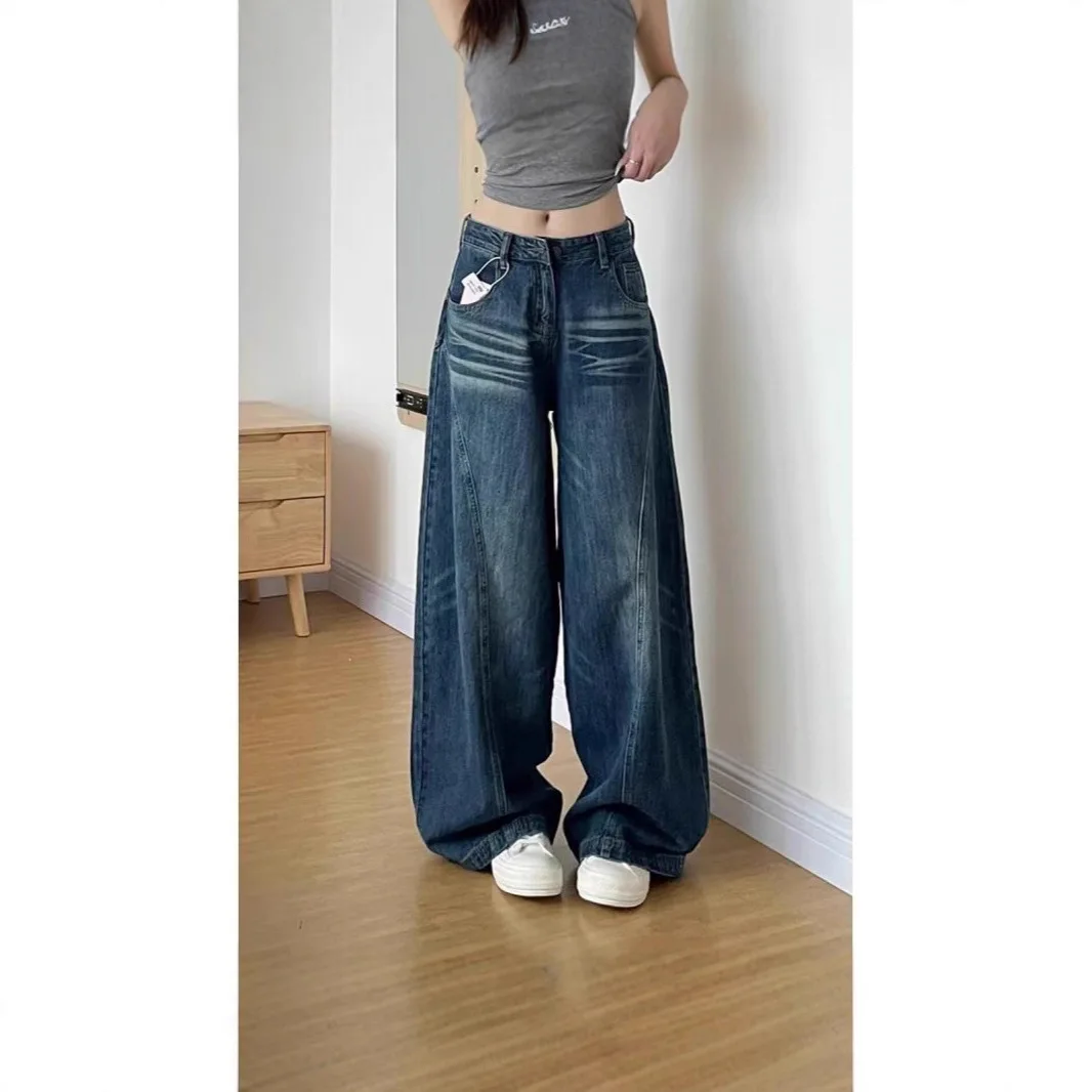 Retro High Waist Wide Leg Jeans Women's Loose Fit Washed Denim Pants Autumn New Casual Style American Series Pocket Detail