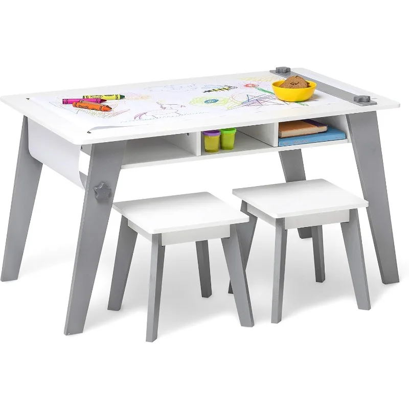 Kids Arts and Crafts Table Set,Mid Century Modern Design, Includes Two Stools, Paper & Storage Cubbies Underneath, Grey