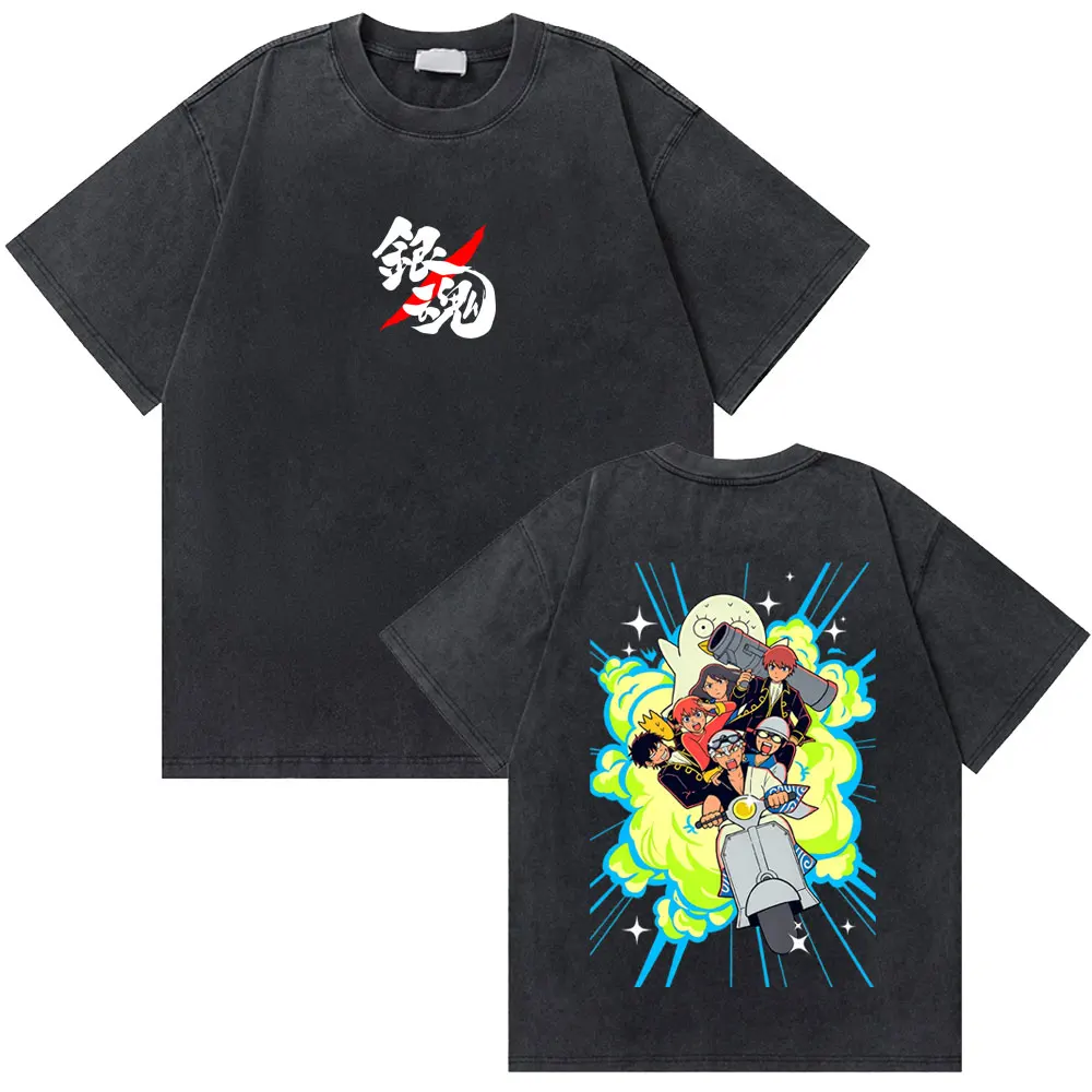 Washed Vintage Anime Gintama Sakata Gintoki Graphic T Shirt Men Women Casual Oversized T-shirt Men's Cartoon Manga Streetwear