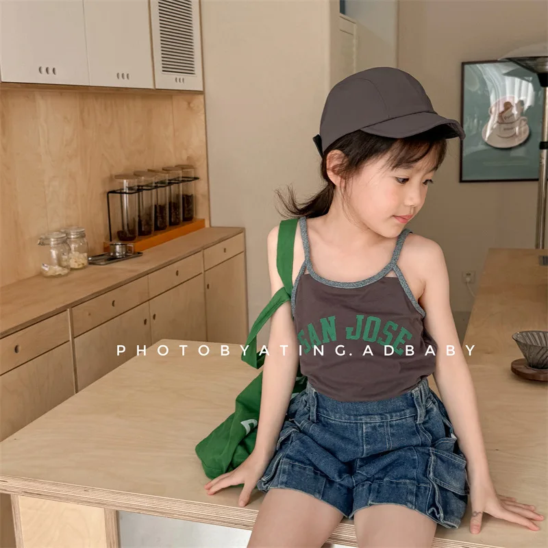 2026 Summer New Children Sleeveless T Shirts Baby Girl Cotton Letter Print Sling Vest Toddler Casual Bottoming Tops Kids Clothes