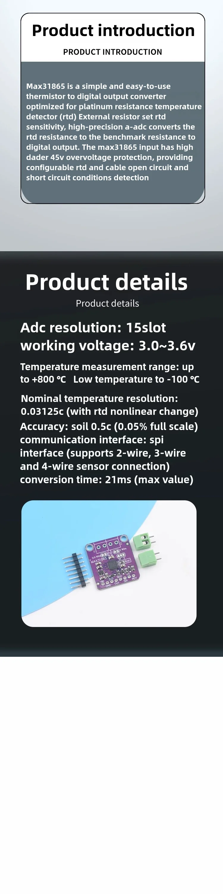 MAX31865 PT100 zu PT1000 RTD-zu-Digital-Konverterplatine Temperatur-Thermoelement-Sensor-Verstärkermodul 3,3V/5V für Arduino – Detail 3