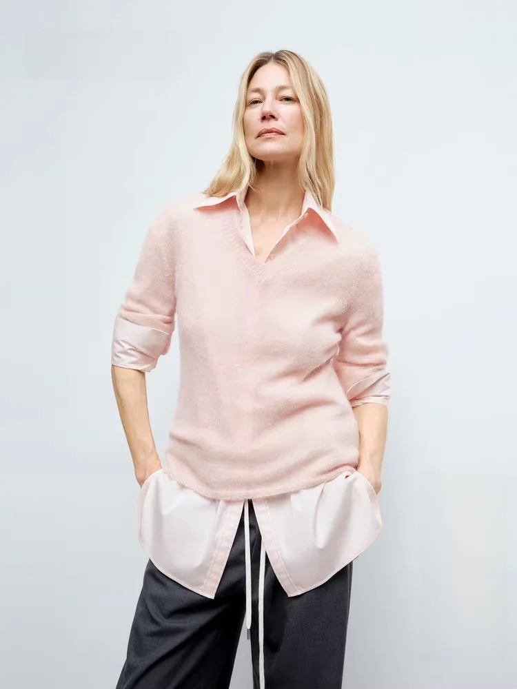 

Женский свитер-пуловер из верблюжьей шерсти Edition, весна 2025, класса люкс, с V-образным вырезом, простой однотонный, с длинными рукавами