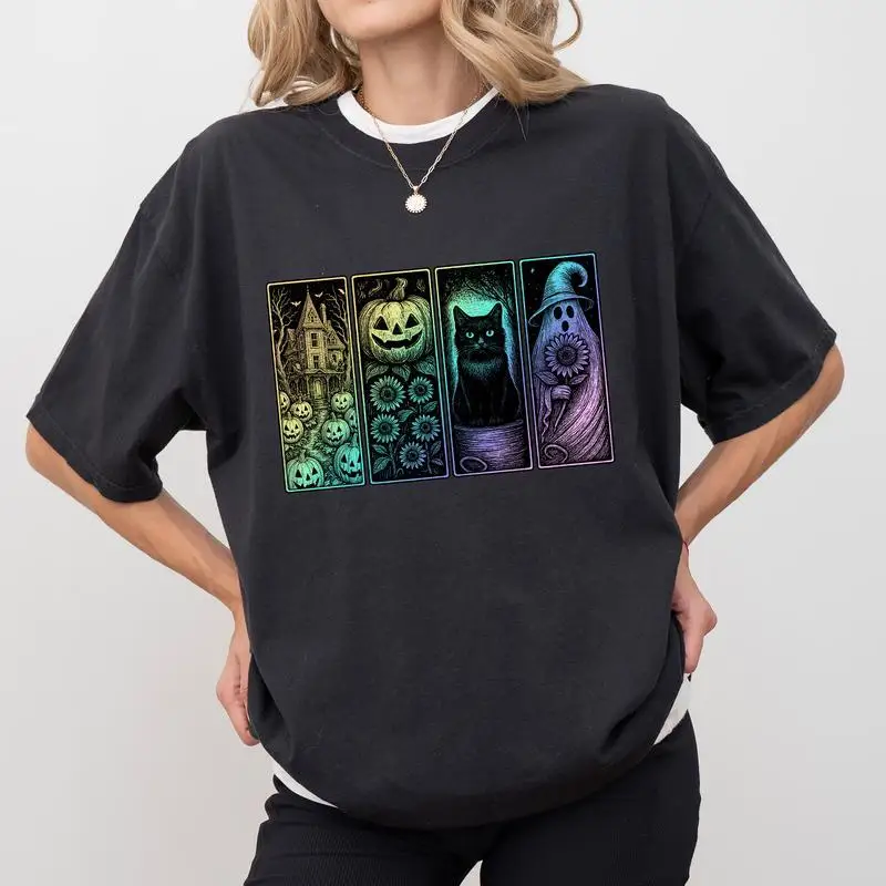 

"Halloween-Inspired Oversized Graphic Tee for Women – Spooky Pumpkin, Ghost, & Cat Design, Trendy & Comfortable Fall Fashion"