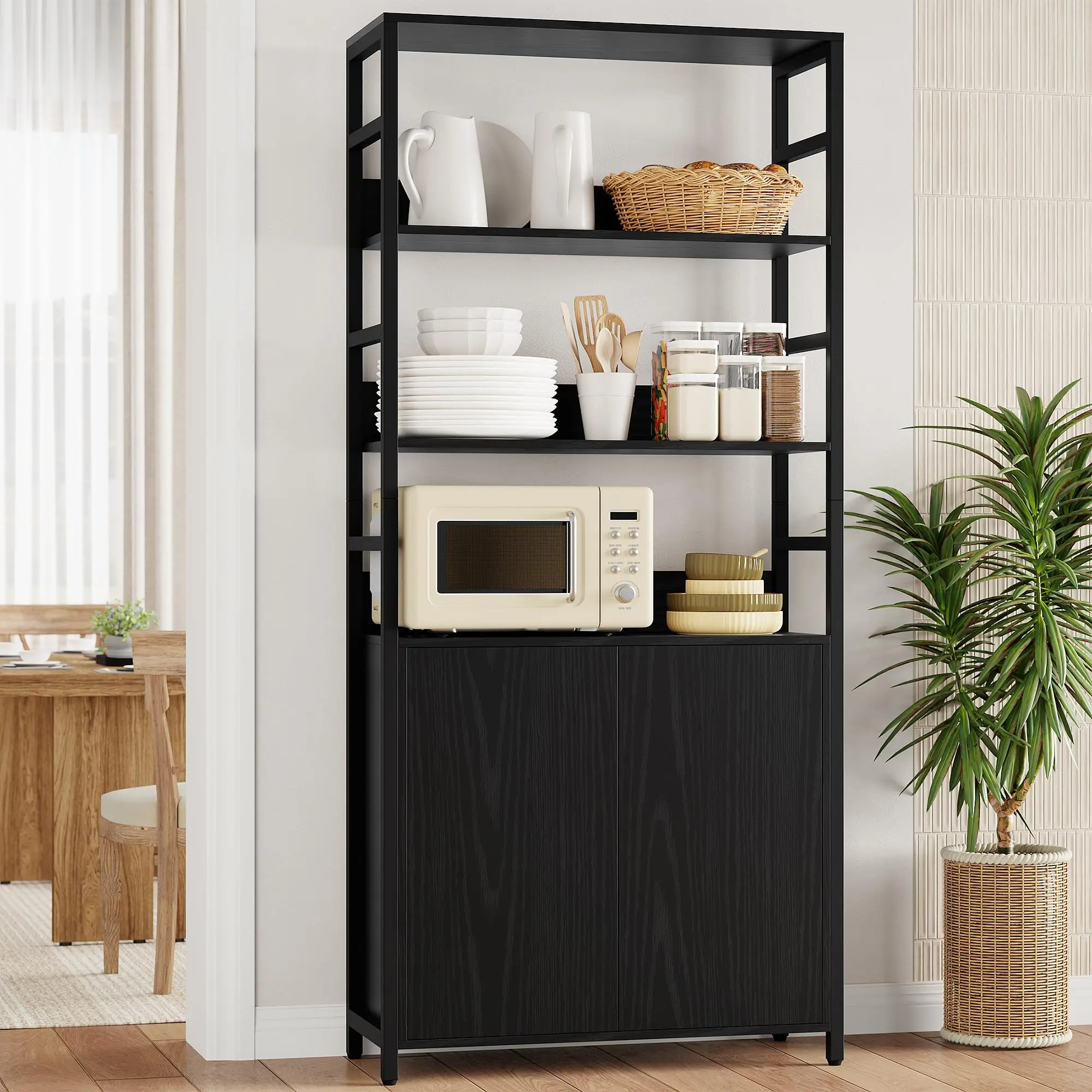 Industrial Bookshelf with Wooden Storage Cabinet, 3-Tier Open Shelf Tall Bookcase, Metal Frame Freestanding Display Shelving Unit for Living Room Home Office