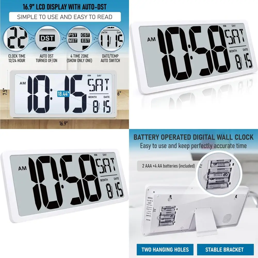 

Большие цифровые настенные часы 18,44 дюйма с подсветкой, будильником на батарейках, отображением дня, даты и температуры, идеально подходят для дома, офиса, класса