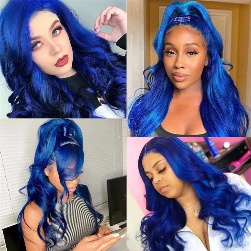 블루 가발 롱 바디 웨이브 레이스 프론탈 가발 합성 13X4 HD 투명 글루리스 고품질 프리 플러킹 코스프레 여성용
