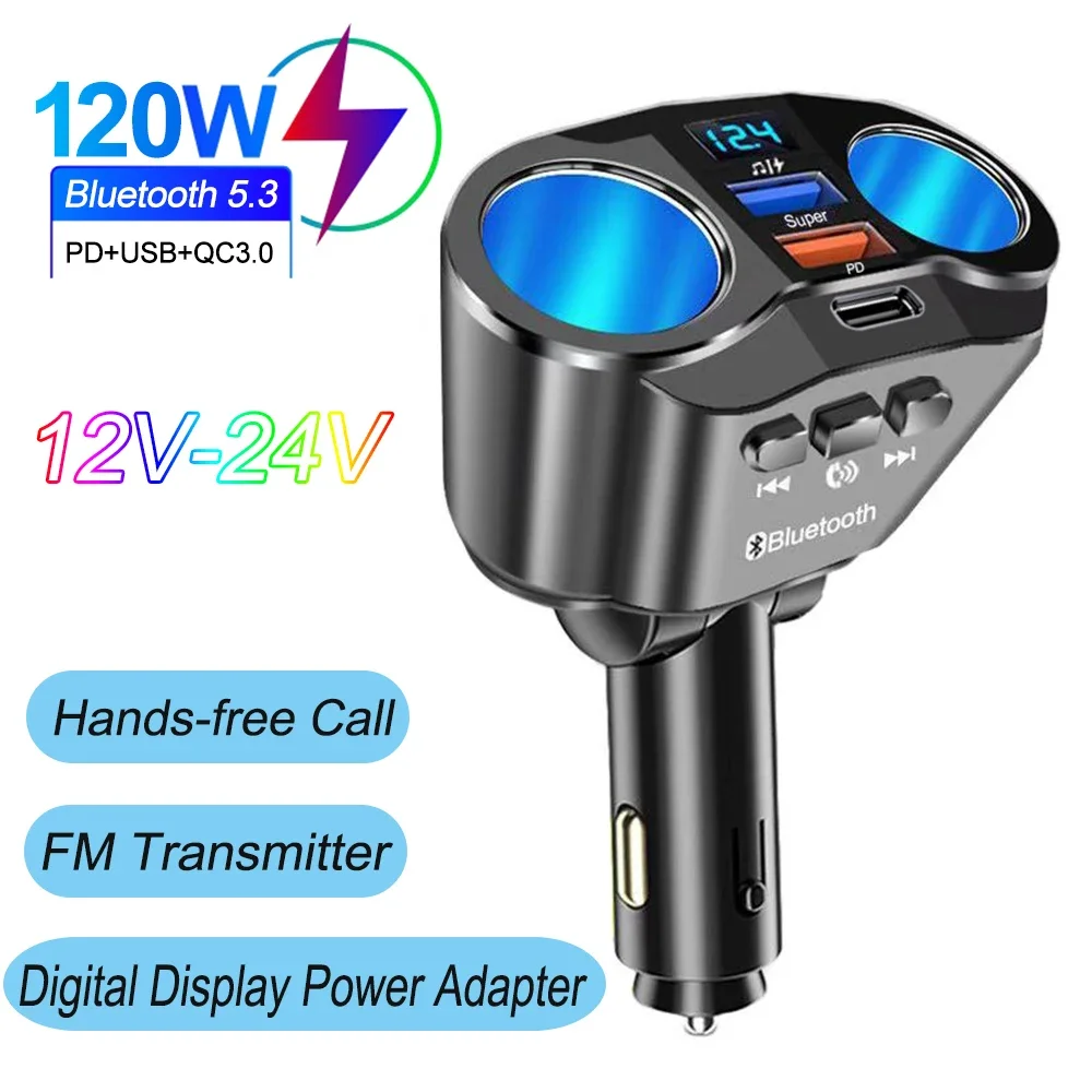 Auto-Ladegerät, Bluetooth, FM-Transmitter, Auto-Zigarettenanzünder, 12 V-24 V, Steckdose, Splitter, Ladegerät, Dual-USB-Aufladung mit Spannungsanzeige