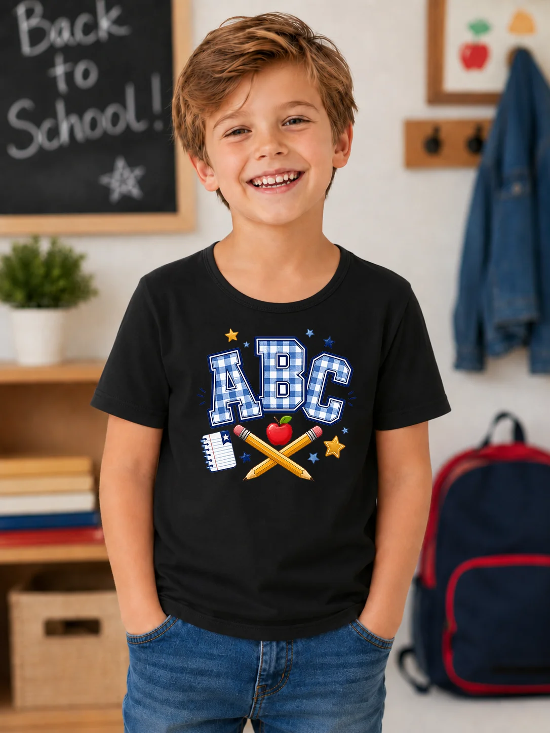 ABC Check Letter Print Kids T-shirt Boys Back To School Pencil Apple Notebook Graphic Short Sleeve Tee Toddler First Day Of Scho