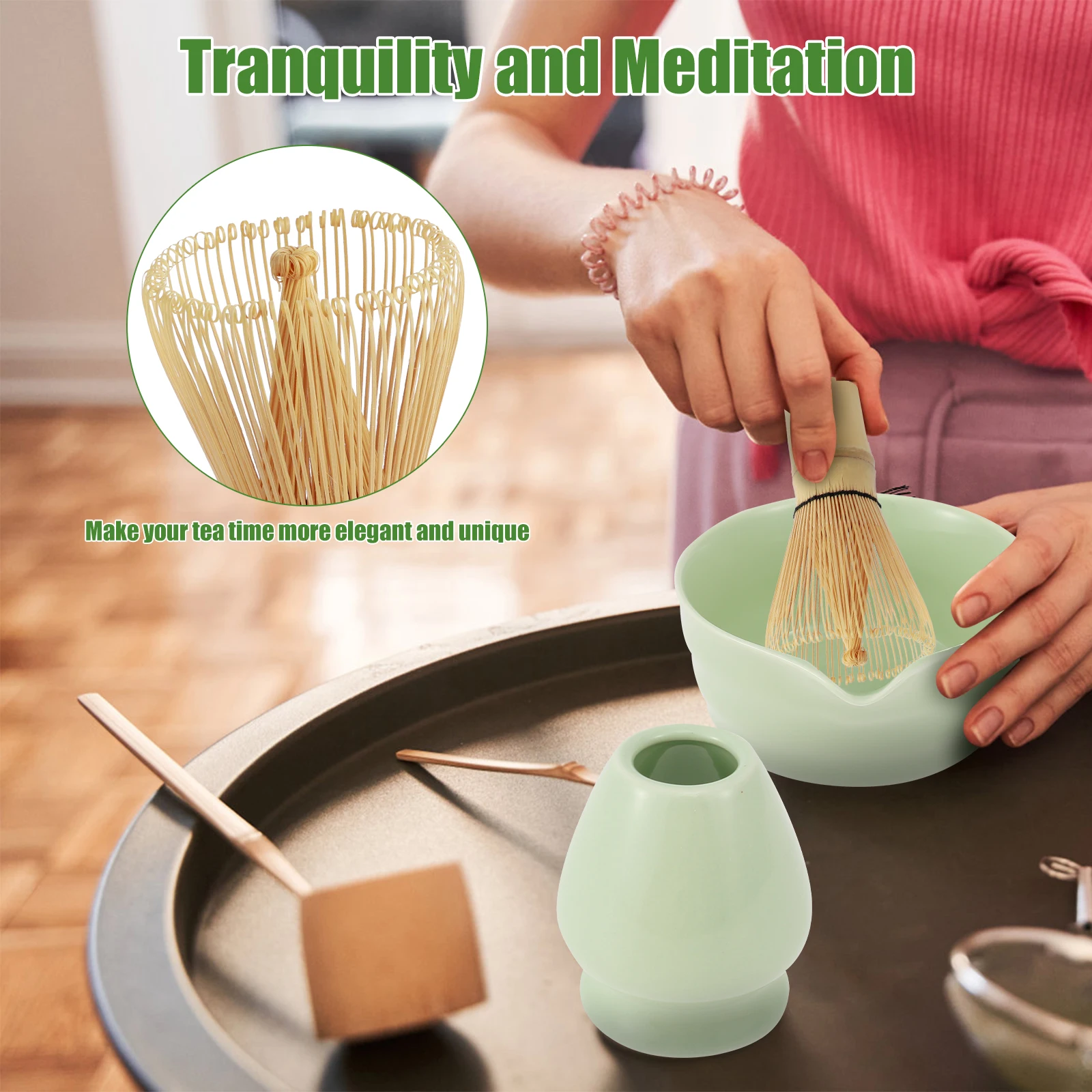 4Pcs Japanese Matcha Set with Ceramic Bowl Bamboo Matcha Whisk and Tea Scoop for Tea Lovers Gifts Tea-making Tools Accessories