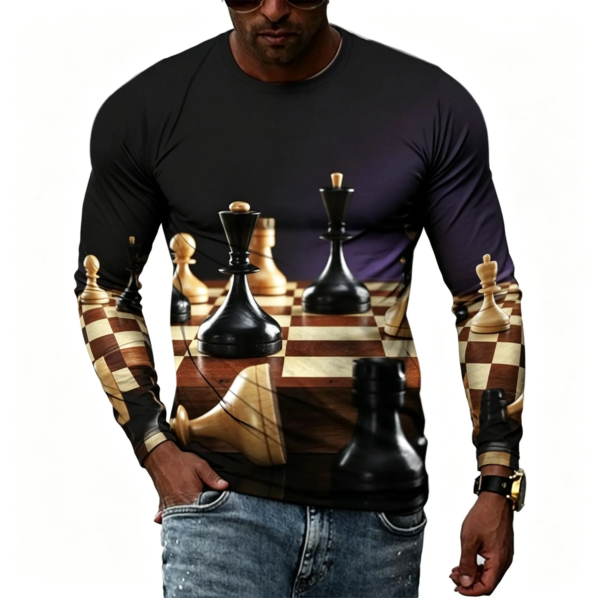 Men's Long Sleeve T-Shirt 3D Chess Pieces Board Game Print Crew Neck Streetwear Top