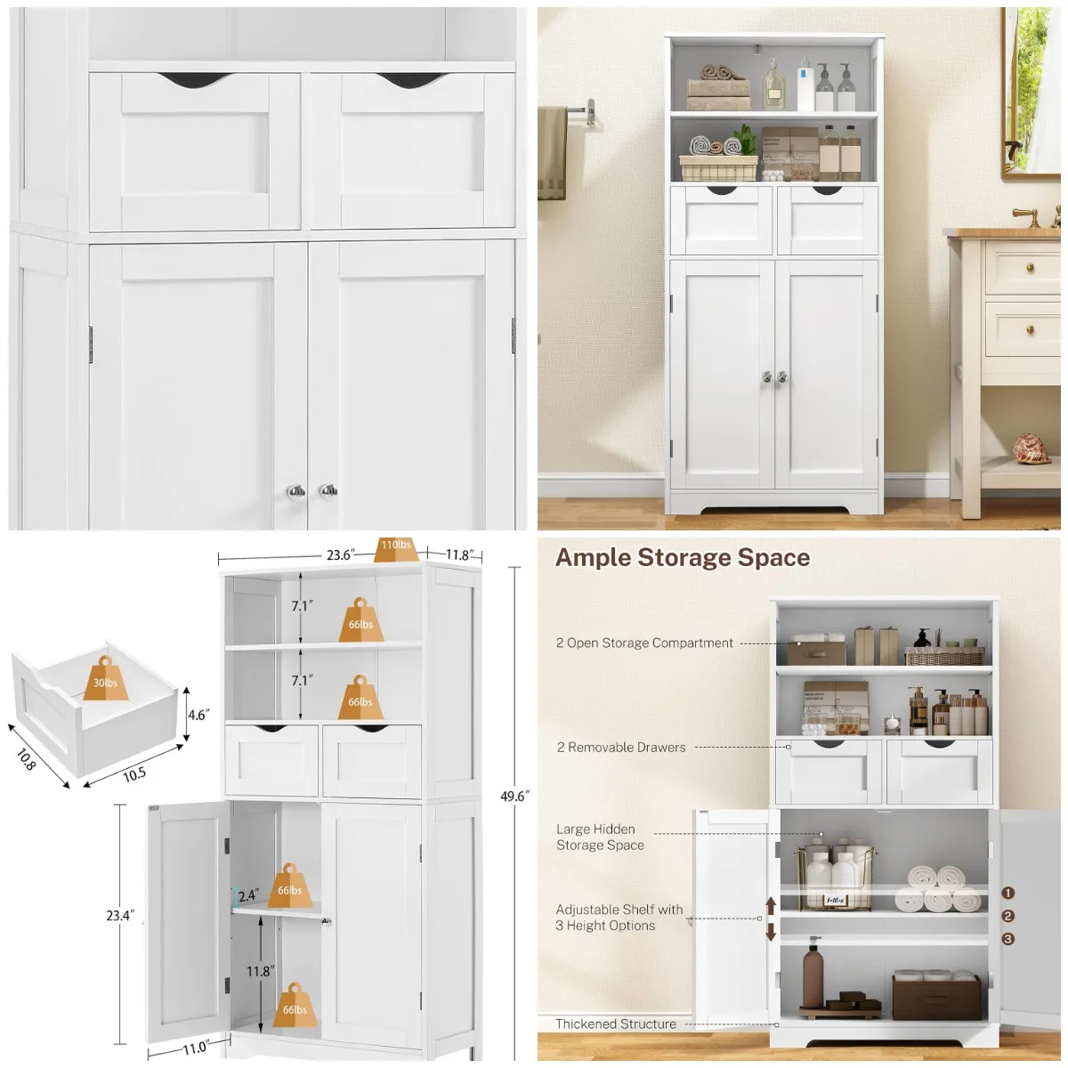 

Tall White Bathroom Cabinet with 2 Drawers & Adjustable Shelves