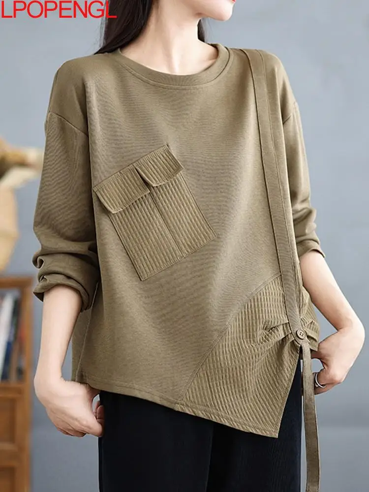 

Fashion Women's Korean Solid Color Irregular Long Sleeves Sweatshirt T-shirt Autumn Versatile Loose Pullover O-neck Vintage Top