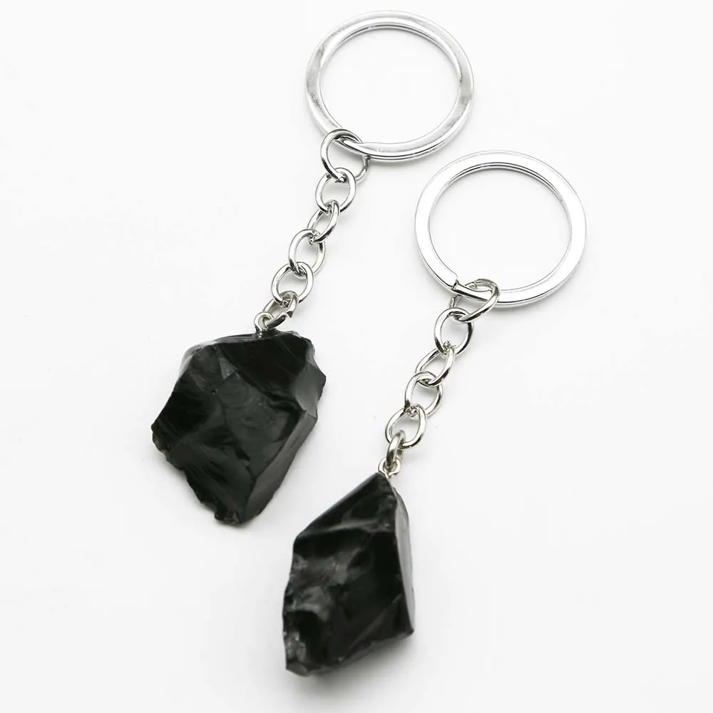 Natural Raw Ore Irregular Black Tourmaline Stainless Steel Chain Key Pendant Exquisite Fashion Male And Female Friends Gift 6Pcs