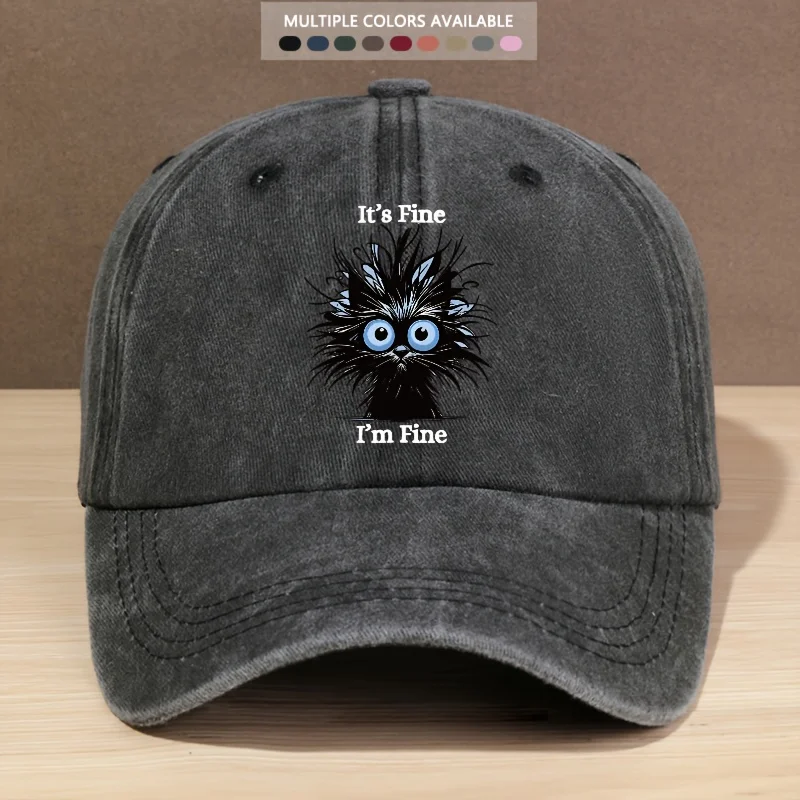 

Fashionable "It'S Fine, I'm Fine" Cat Graphic Washed Baseball Cap Adjustable Fit, Lightweight & Durable, Perfect for Outdoor S