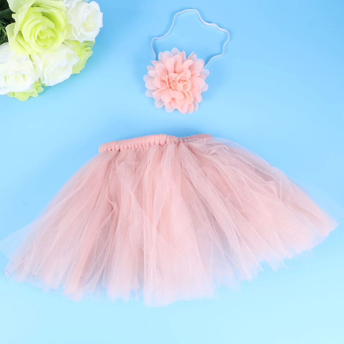 

Baby Pink Mini Skirt and Elastic Flower Headband Set Lightweight Soft Polyester Photography Dress Newborn Toddler Girls Tulle