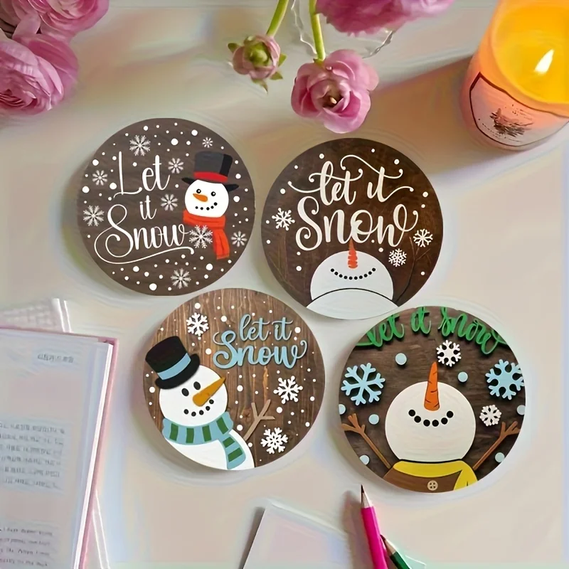Christmas-Themed Snowman 2D Wooden Coaster Non-Slip round Drink Pad for Farmhouse Rural Home Dining Table Christmas Home Decora