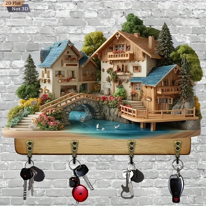 2D Retro Lakeside Villa Wooden Key Holder Multi-Functional Wall Hook for Home Porch Kitchen Decorative Storage Organizer