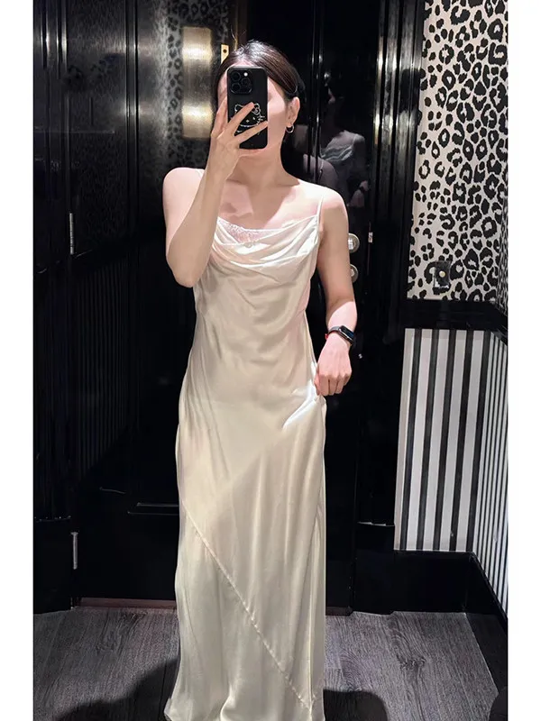 

Retro Silk Satin Bell Bottomed Strapless Gown Sexy Lace Insert Slimming Sleepwear Dress Long Casual Home Wear