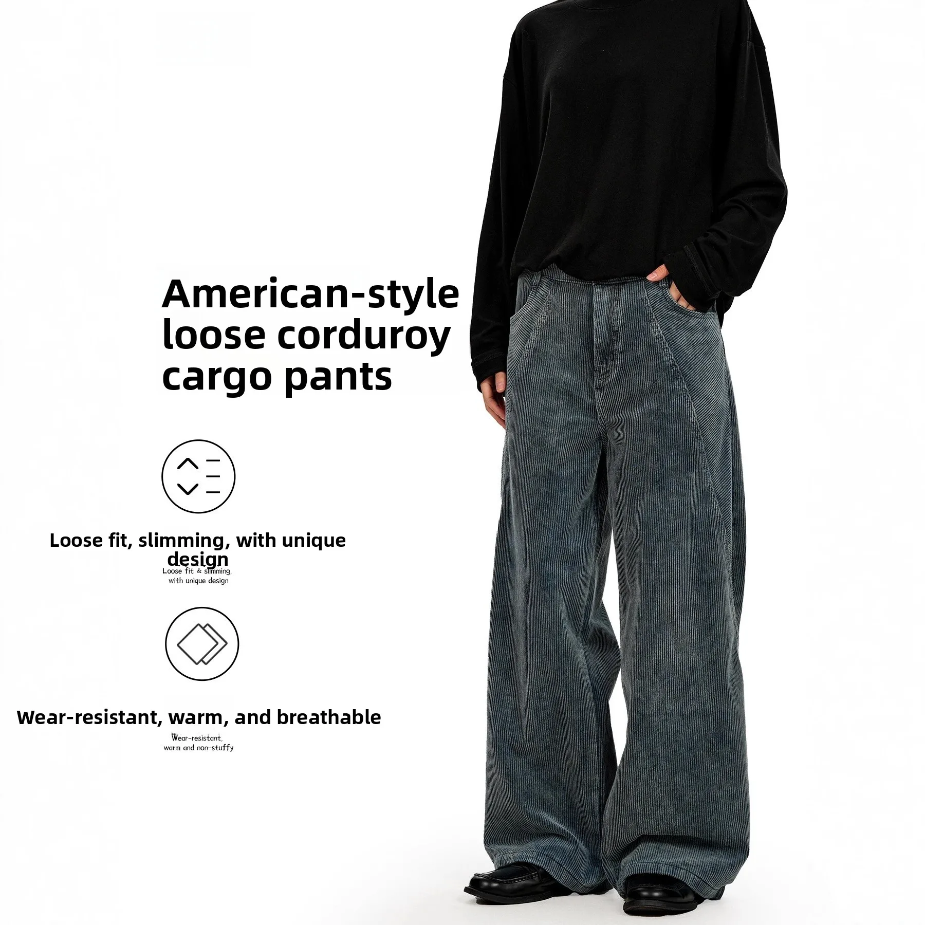 

American Sle Vintage Cotton Work Pants Wide Leg Loose Fit Casual ex Slimming Corduroy Trousers Straight Leg Jeans