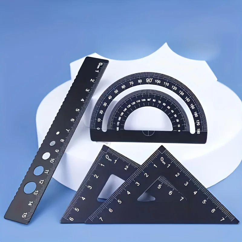 Metal Geometry Set, 4Pcs Precision Ruler Protractor Triangle Ruler Set, Black Anodized Math Drawing Tools for Students & Office