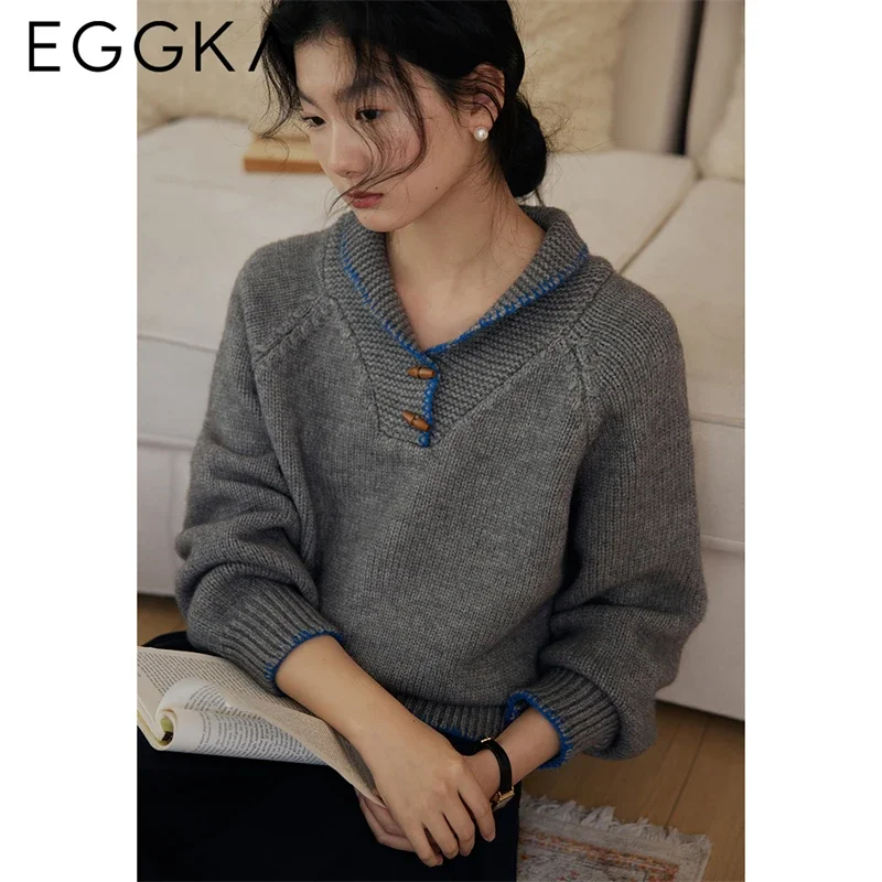 EGGKA Winter Thick Lapel Collar Sweaters Women Casual Loose Pullover Sweater Female Soft Knitted Tops Korean Fashion Streetwear