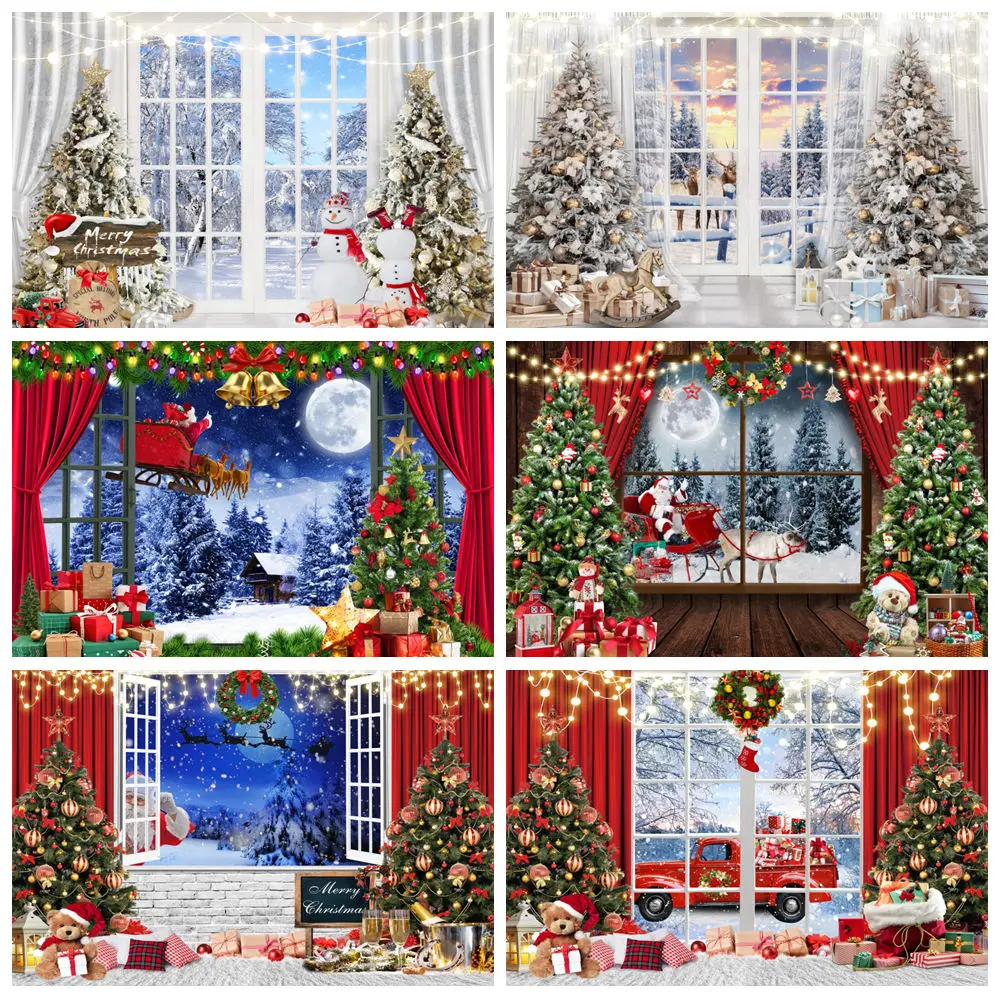 

Christmas Window Backdrop Photography Winter Forest Xmas Tree Santa Claus Gift Xmas Eve kids Family Party Decor Photo Background