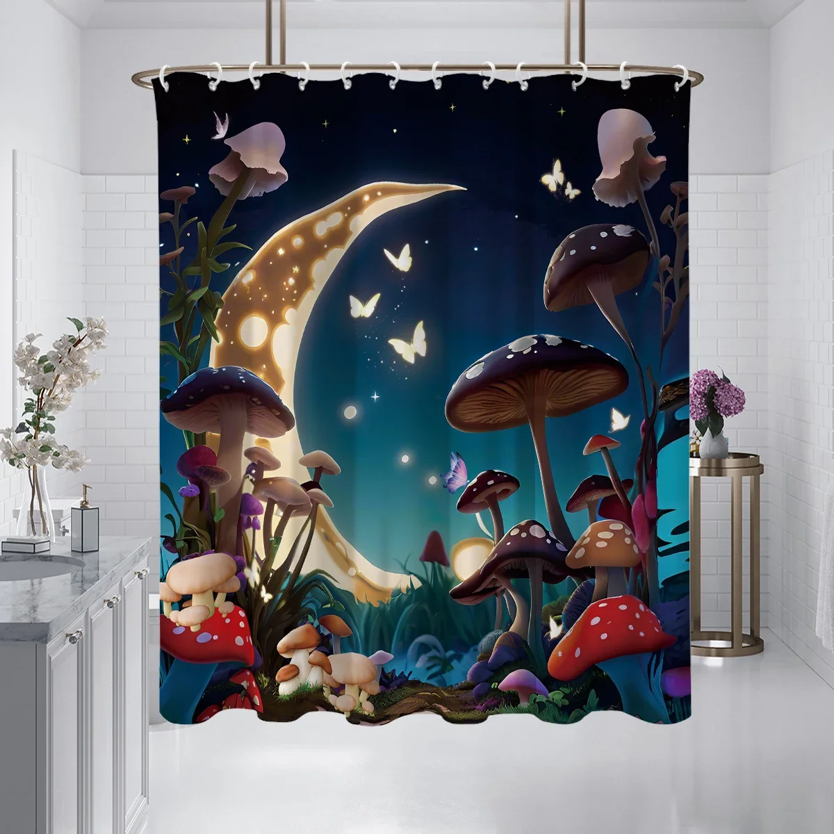 1 piece 180x180cm mushroom moon starry sky butterfly printed shower curtain partition bathroom waterproof and mildew proof