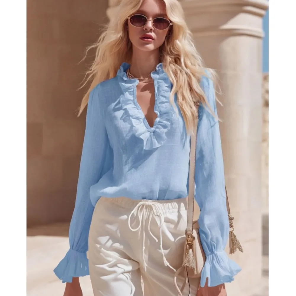 Sexy Ruffled Deep V-neck Trumpet Long-sleeved Women's Shirt Spring And Summer New Casual Versatile Holiday Female Shirt 2026