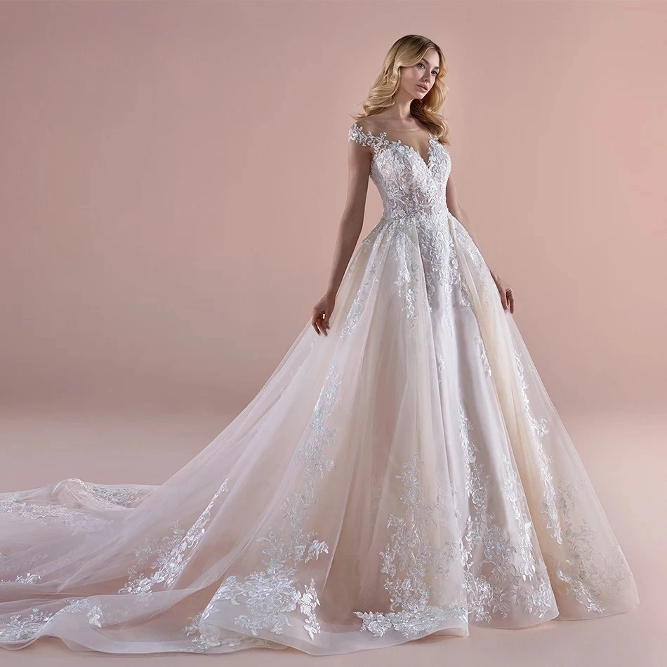 Customized V Neck Backless Lace Princess Wedding Dress Beading Appliques Elegant Bridal Gown for Bride Wedding Reception