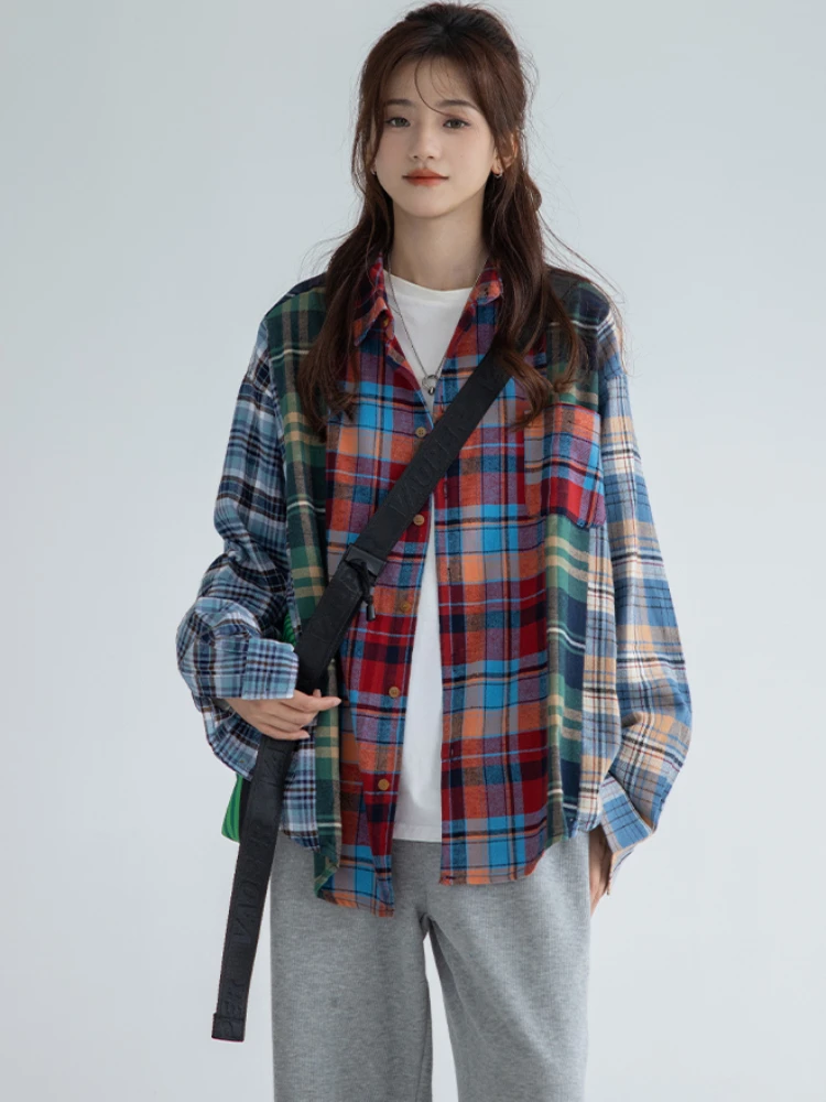 Shirts for Women Plaid Retro Nostalgic Hip Hop Slouchy Long Sleeve Streetwear All-match Harajuku Autumn American Style Vintage