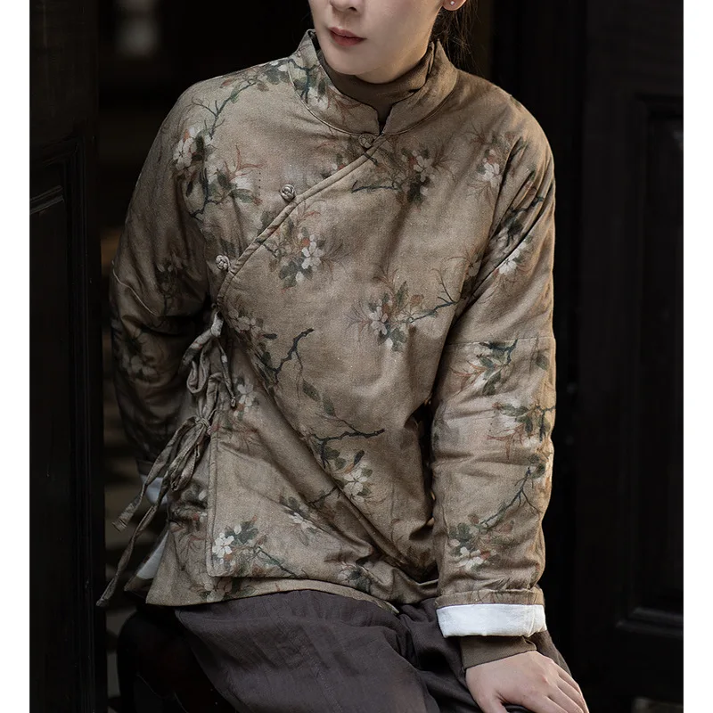 Elegant Vintage Winter Jacket Outerwears 2024 Women Quilted Warm Coat Femme Linen Cotton Casual  Long Sleeve Chinese Style Coats