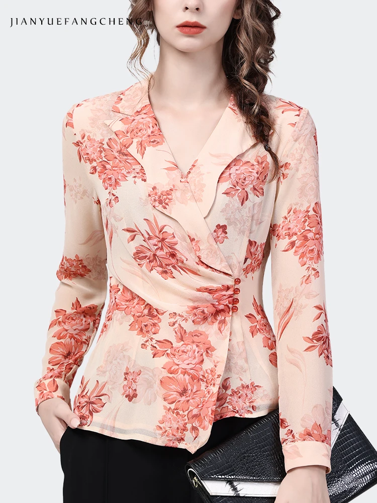 Fashion Suit Collar Floral Print Chiffon Blouse Women Long Sleeve Pink Button Shirt Spring Autumn Tops Elegant Vintage Clothing