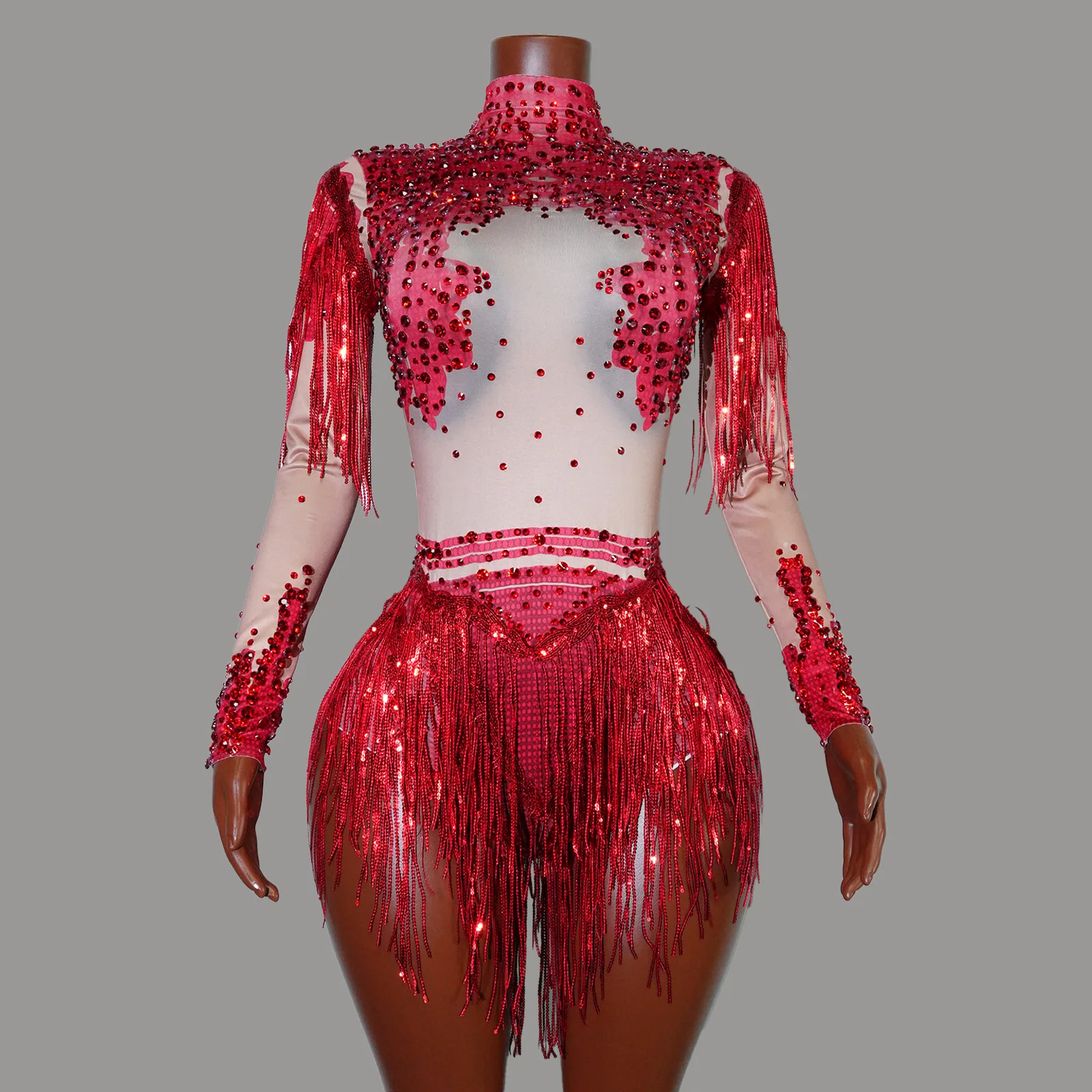 

Rhinestone Tassel Bodysuit Women Sparkle Sequin GoGo Costume Stage Dancer Performance Birthday Party Club Wear