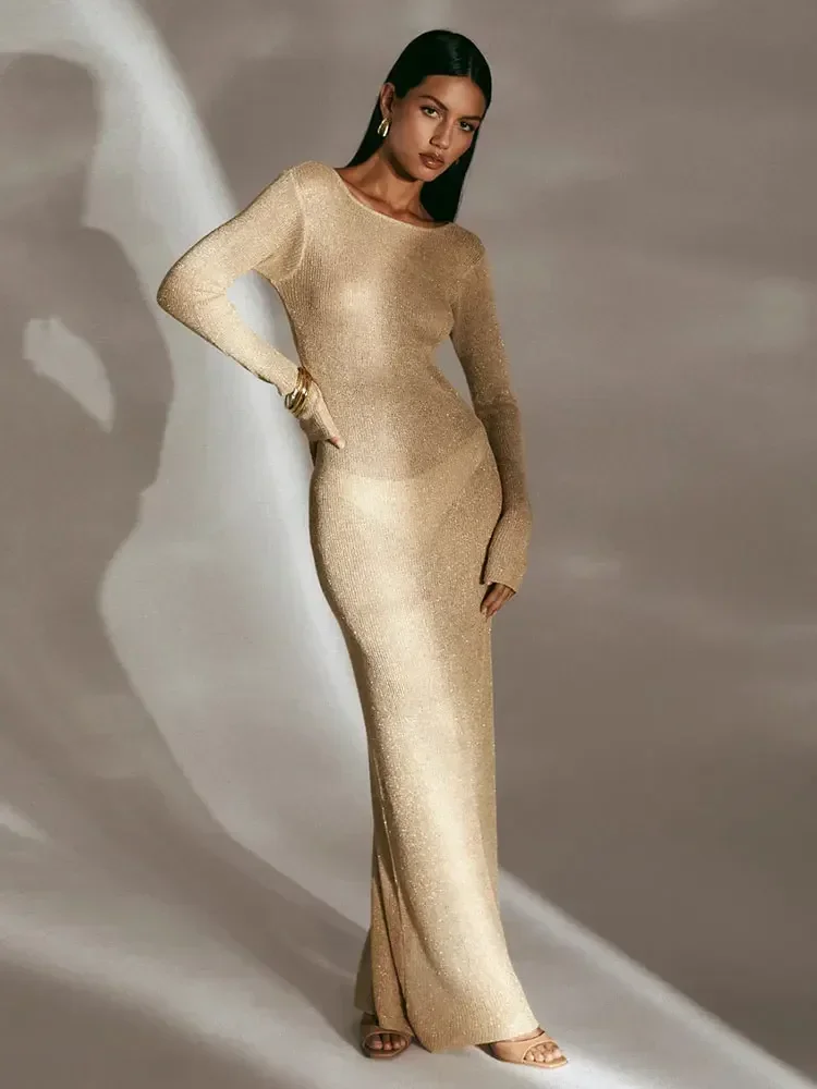 Vestido playero de punto Sexy para mujer, vestidos largos transparentes ajustados con espalda descubierta y borlas, manga larga con abertura, preciosos, K65