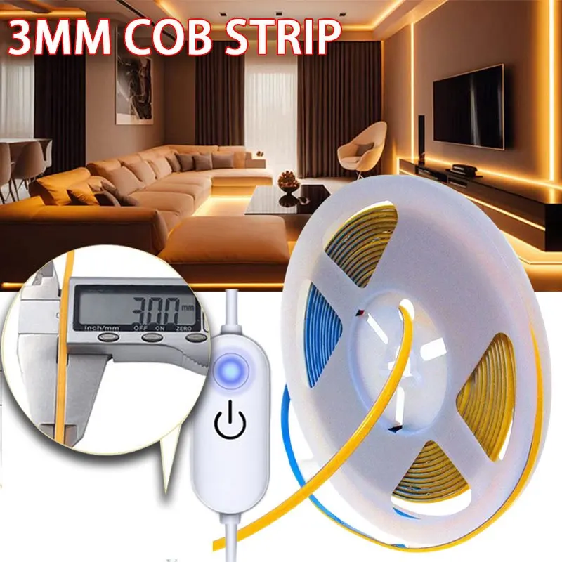 Ultal Thin 3mm COB LED Strip Lights with Touch Switch Linear Lighting Lamps LED Tape Light