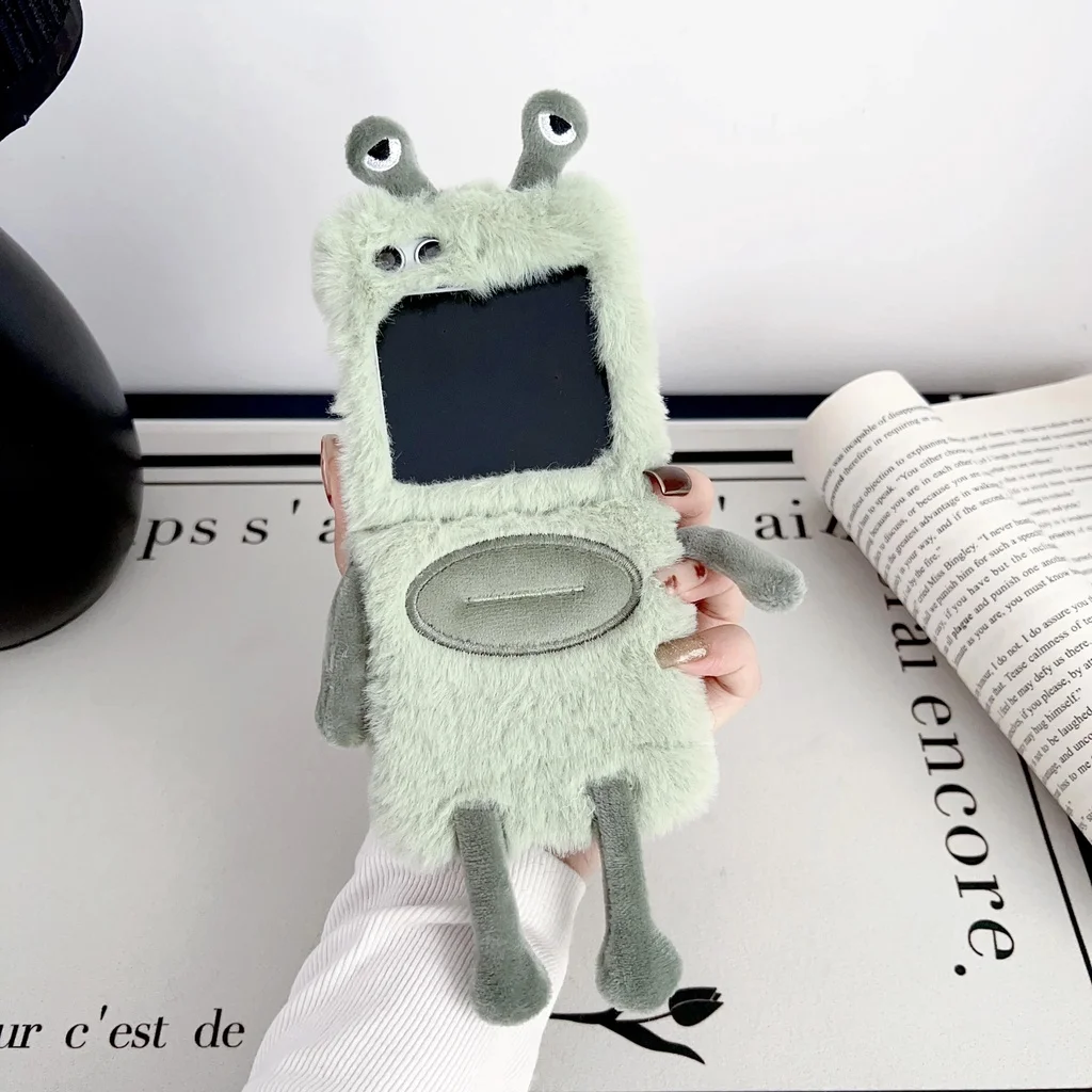 For Samsung Galaxy Z Flip 5 4 3zflip5 flip4 5G Fashion Cute Sausage Mouth Frog Shockproof Warm Winter Plush Fur Phone Case Cover