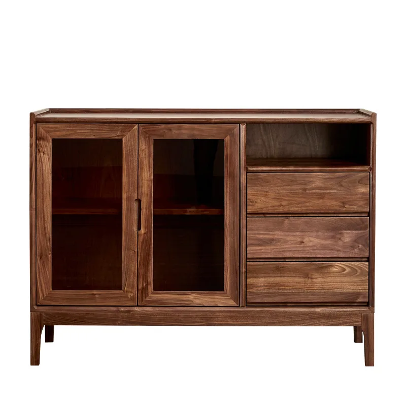 

Nordic black walnut dining side modern simple solid wood glass sliding door storage side living room storage tea cabinet
